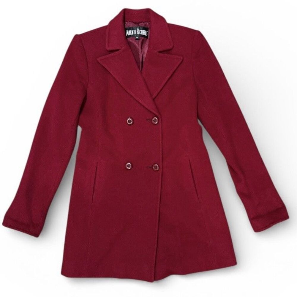 Vintage Marvin Richards Cashmere Coat Sz 4P Burgundy Satin Lined Double Breasted